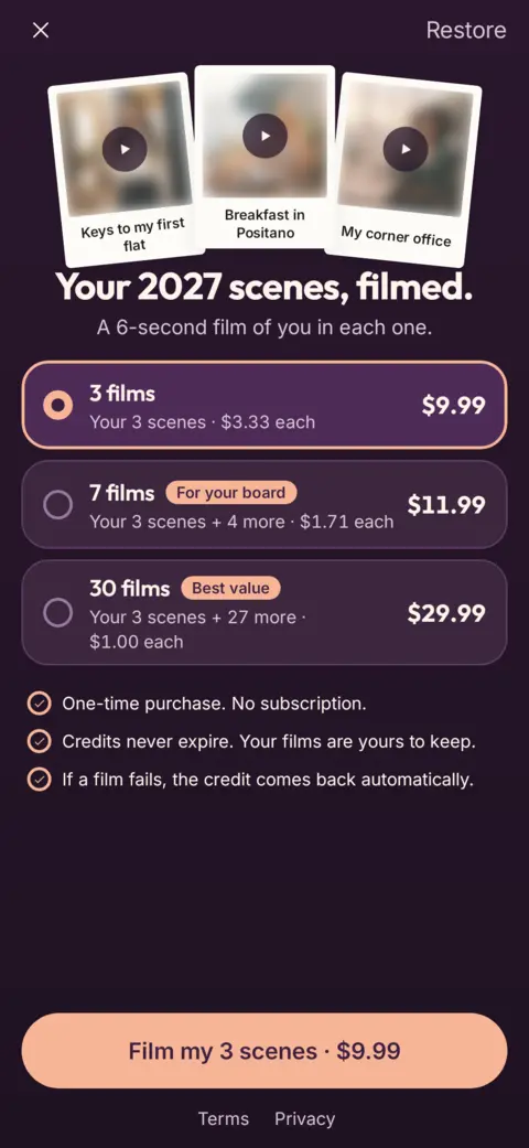 VisionReel credit packs: 3 films 9.99, 7 films 11.99, 30 films 29.99, one-time purchase
