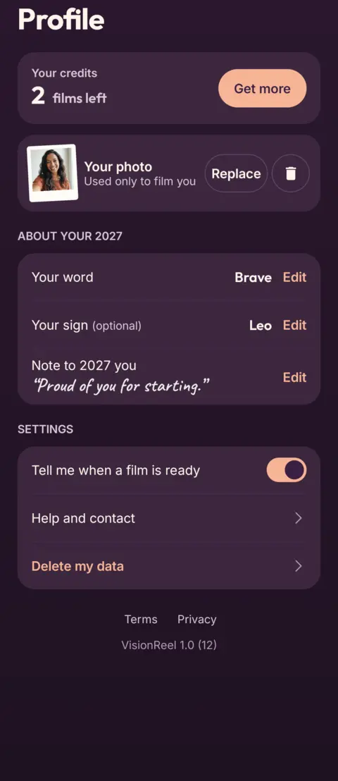 VisionReel Profile with your photo, Replace and Delete buttons